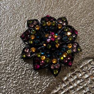 Mardi Gras Multicolor Crystal Black Flower Brooch
